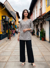 White Paisley Printed Cotton Short Kurti