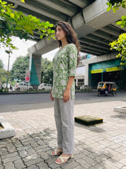 Green Floral Bloom Cotton Short Kurti