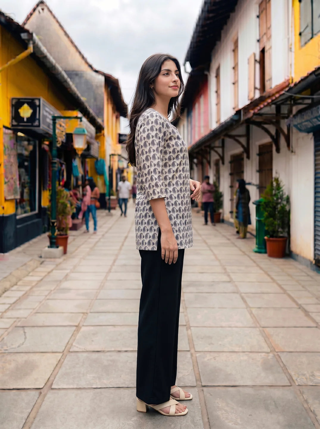 White Paisley Printed Cotton Short Kurti