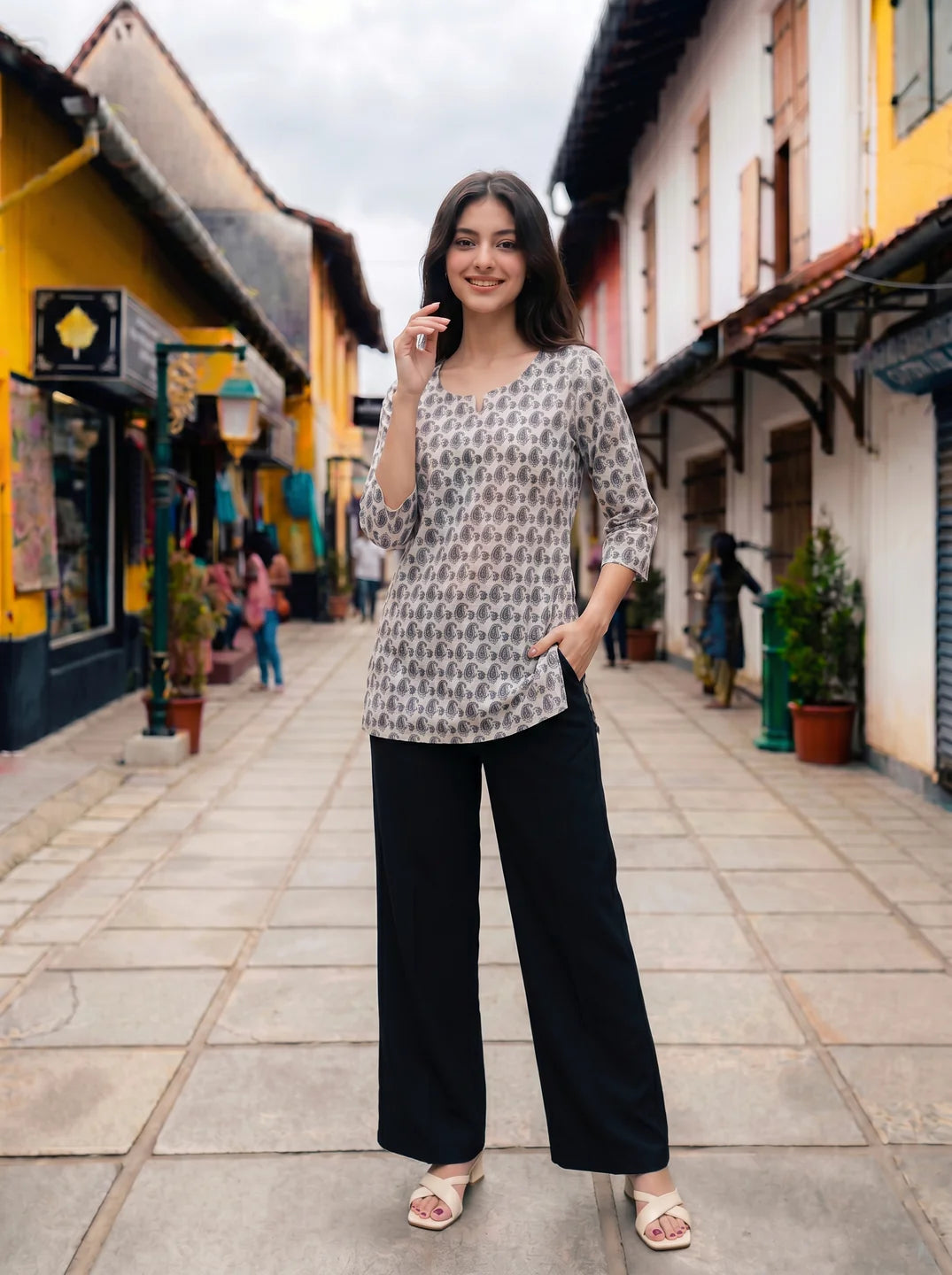 White Paisley Printed Cotton Short Kurti