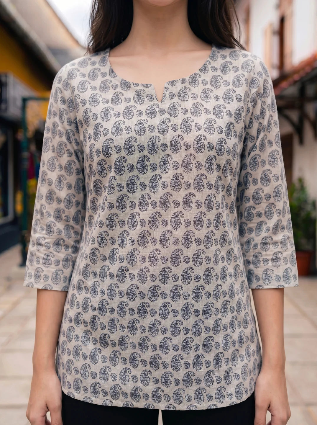 White Paisley Printed Cotton Short Kurti