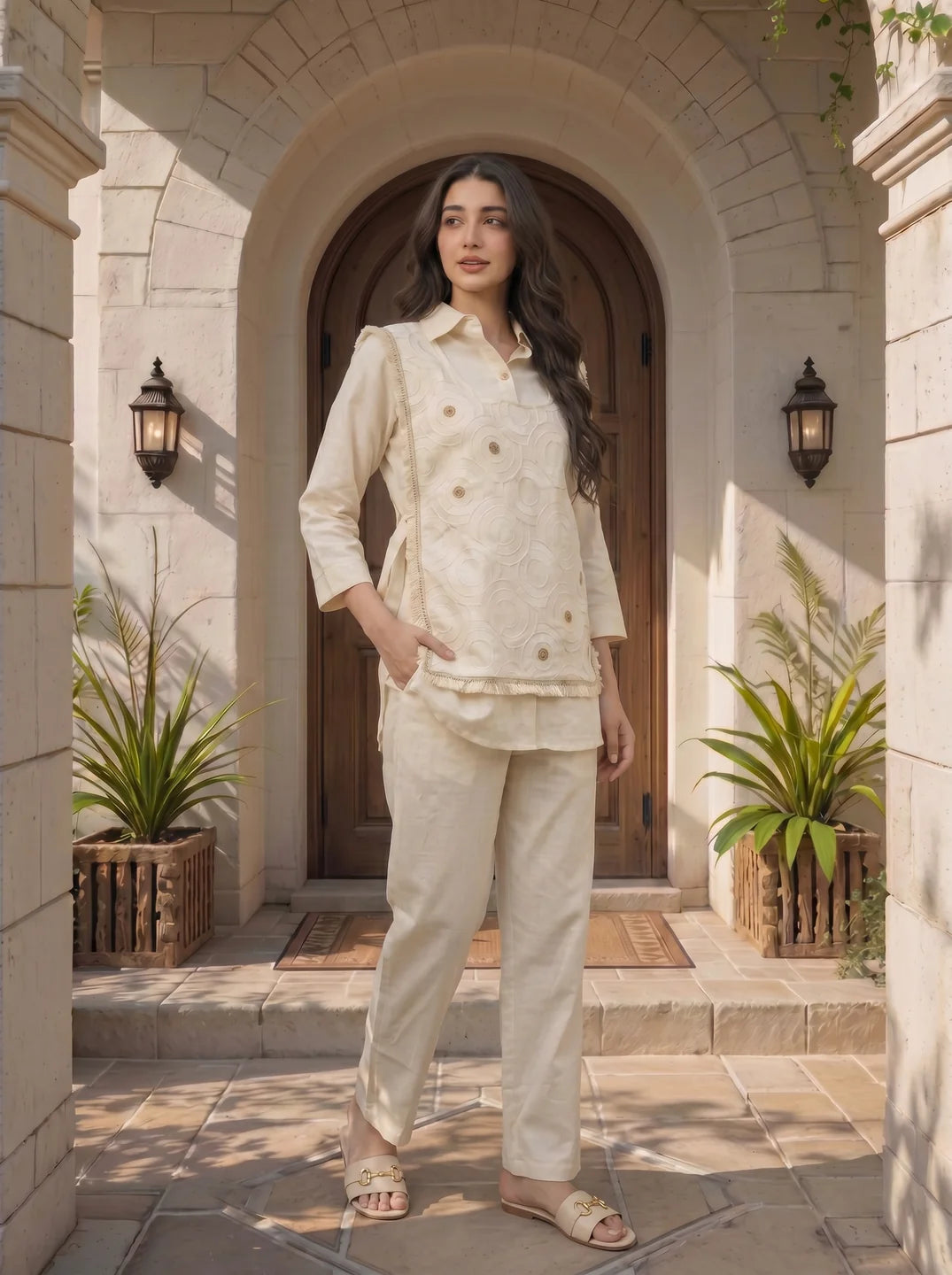 Ivory Embroidered 3-Piece Cotton Flex Co-ord Set