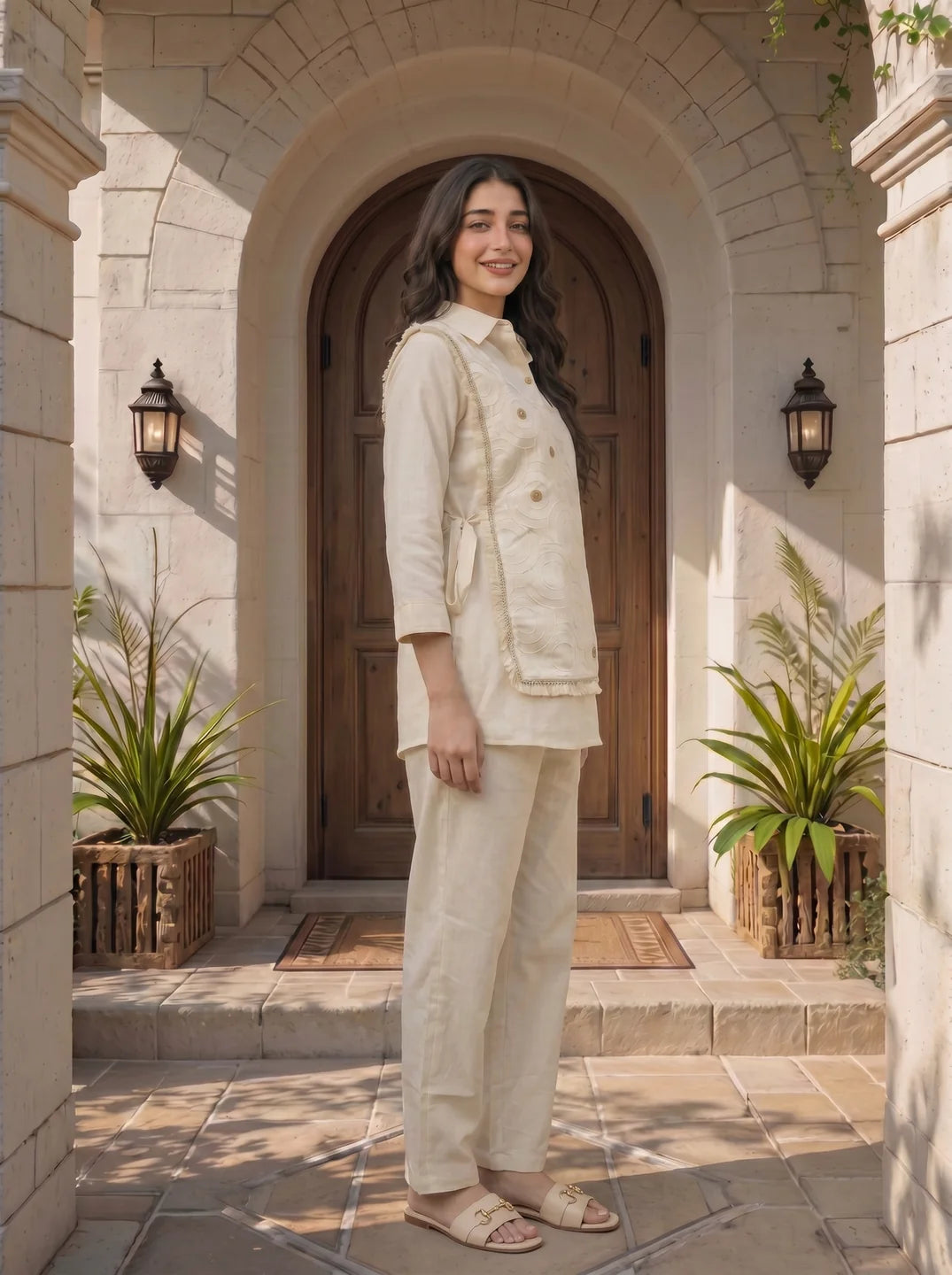 Ivory Embroidered 3-Piece Cotton Flex Co-ord Set