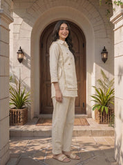 Ivory Embroidered 3-Piece Cotton Flex Co-ord Set