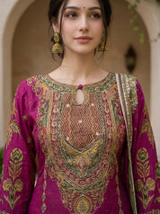 Fuchsia Pink Printed Kurta Set With Muslin Dupatta