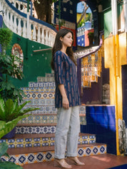 Dark Blue Printed Cotton Short Kurti