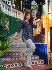 Dark Blue Printed Cotton Short Kurti