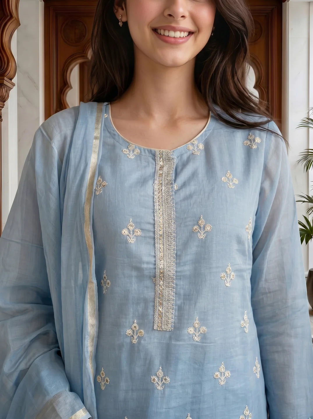 Pastel Blue Embroidered Kurta Set With Mul Chanderi Dupatta