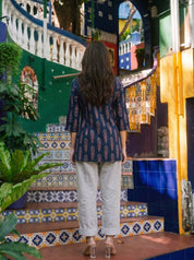 Dark Blue Printed Cotton Short Kurti