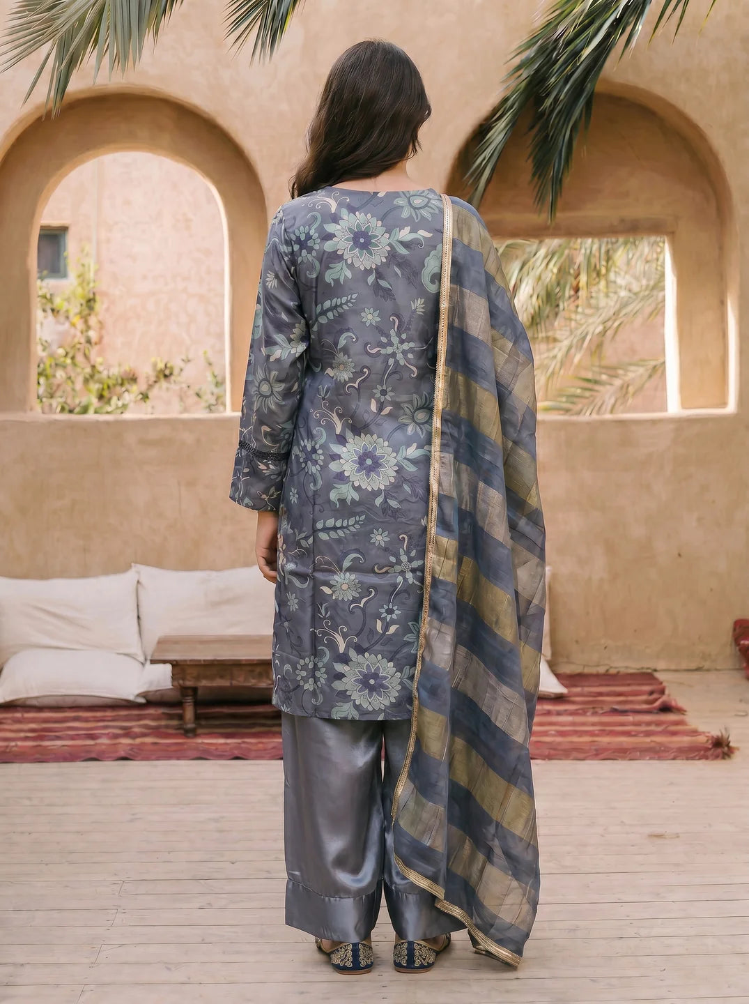 Blue Printed Kurta Set with Farsi Bottoms & Dupatta