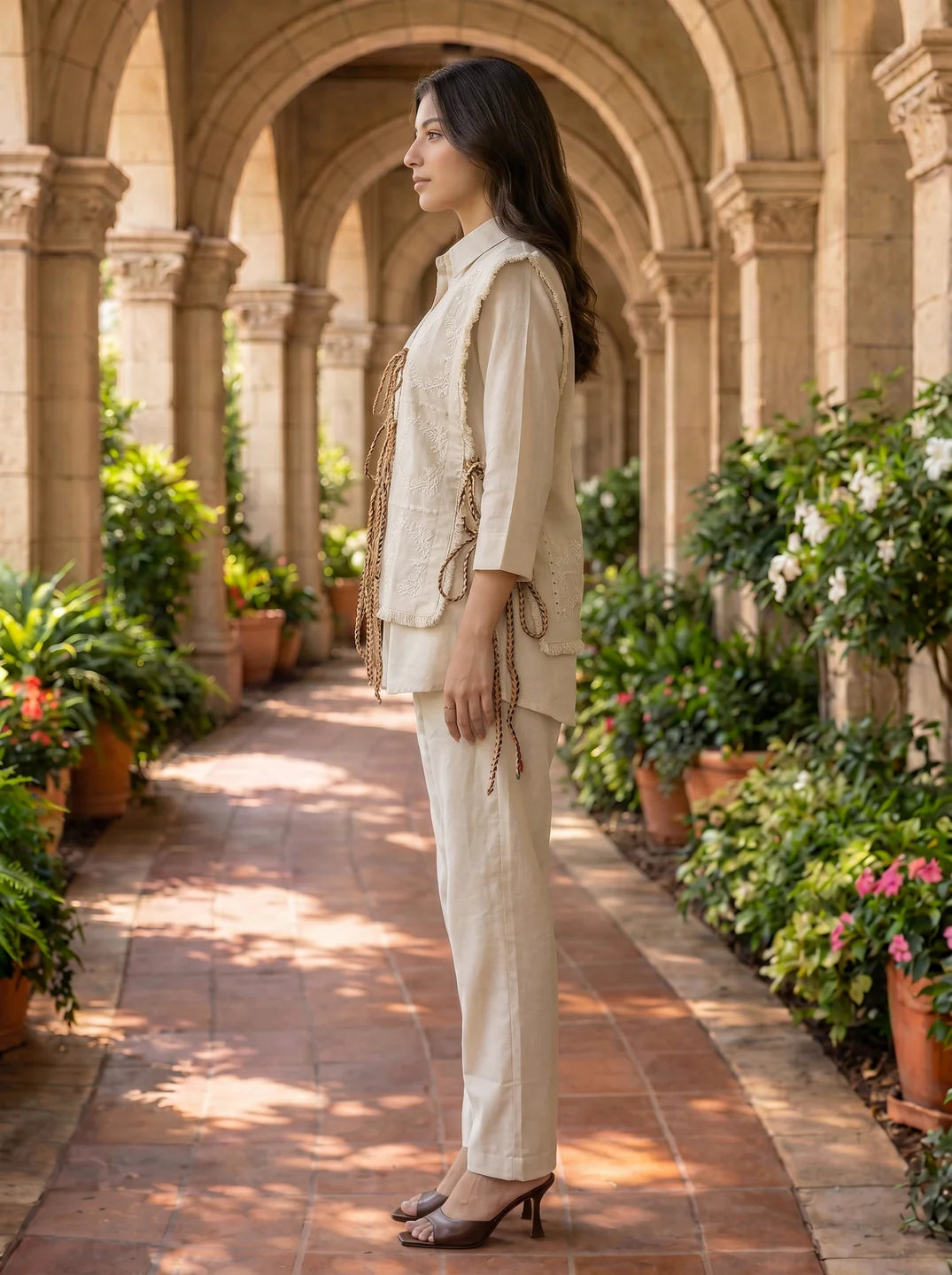 Ivory Embroidered 3-Piece Cotton Flex Co-ord Set