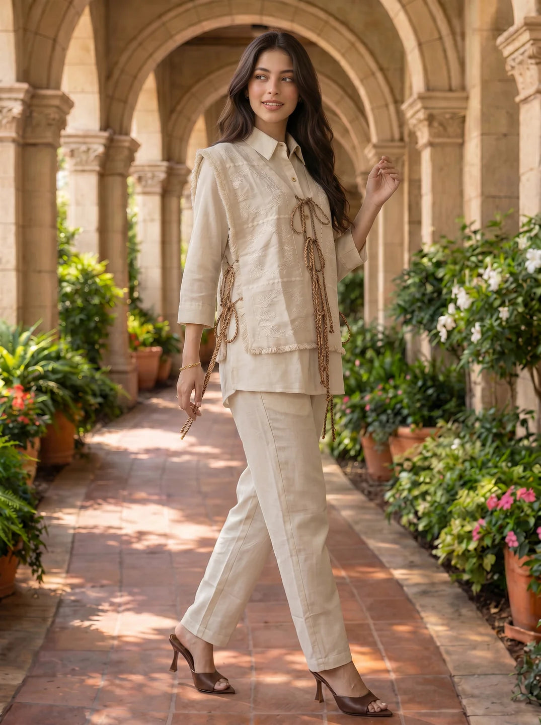 Ivory Embroidered 3-Piece Cotton Flex Co-ord Set