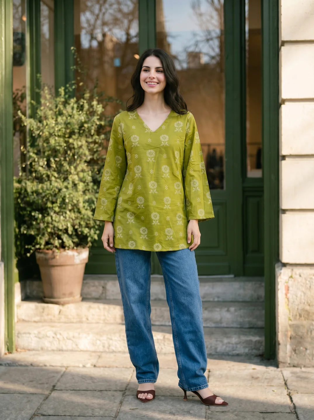 Tea Green Floral Cotton Short Kurti