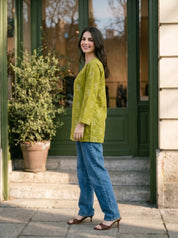 Tea Green Floral Cotton Short Kurti
