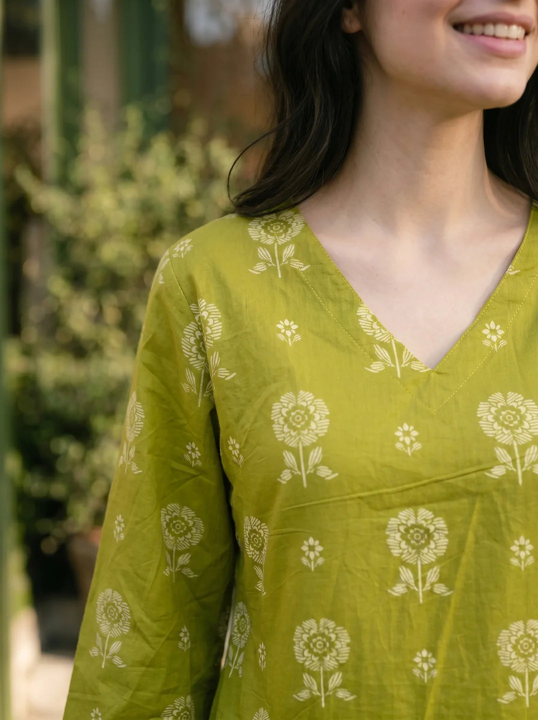 Tea Green Floral Cotton Short Kurti