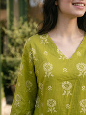 Tea Green Floral Cotton Short Kurti