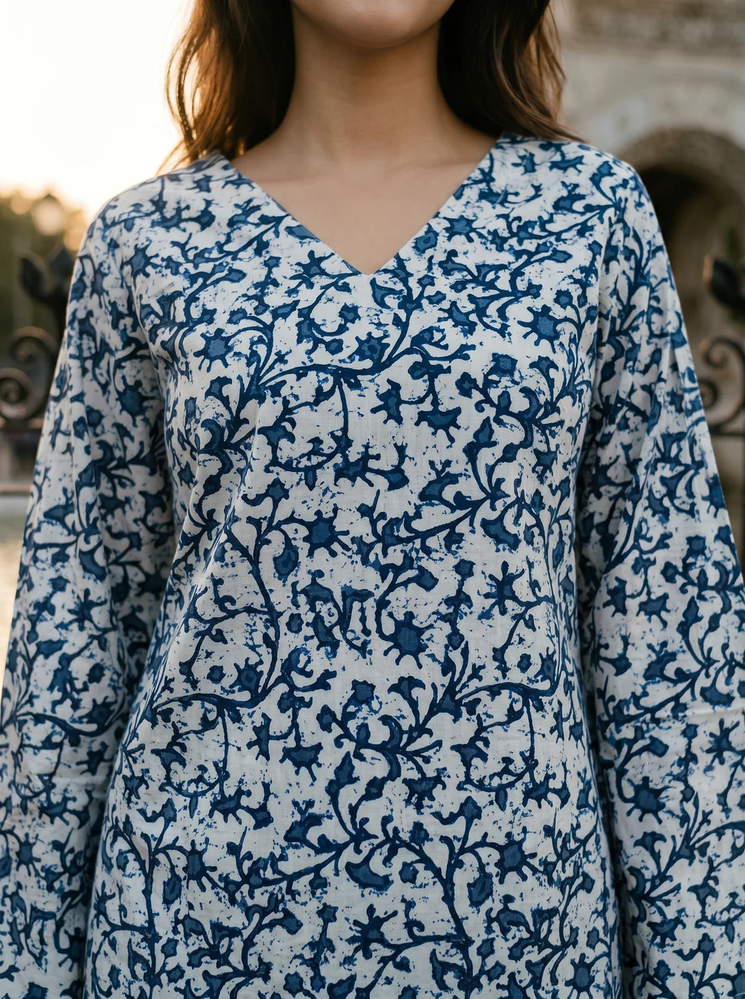White & Blue Printed Cotton Short Kurti