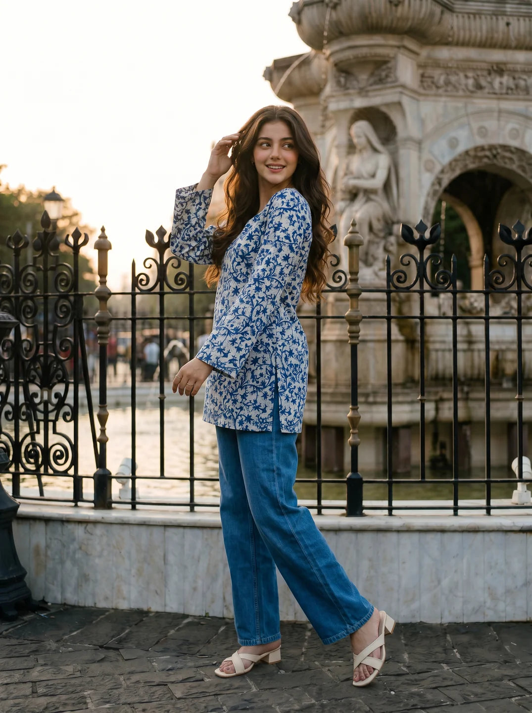 White & Blue Printed Cotton Short Kurti