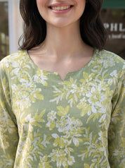 Pastel Green Floral Cotton Short Kurti