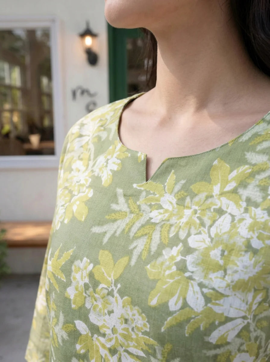 Pastel Green Floral Cotton Short Kurti