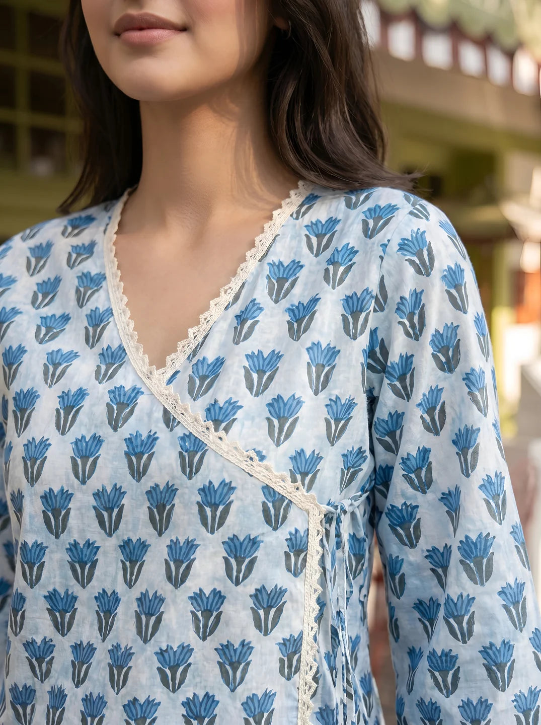 Blue & White Angrakha Cotton Short Kurti