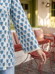 Blue & White Angrakha Cotton Short Kurti