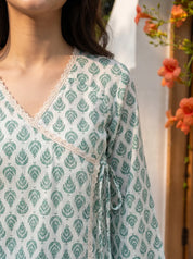 White & Green Angrakha Cotton Short Kurti
