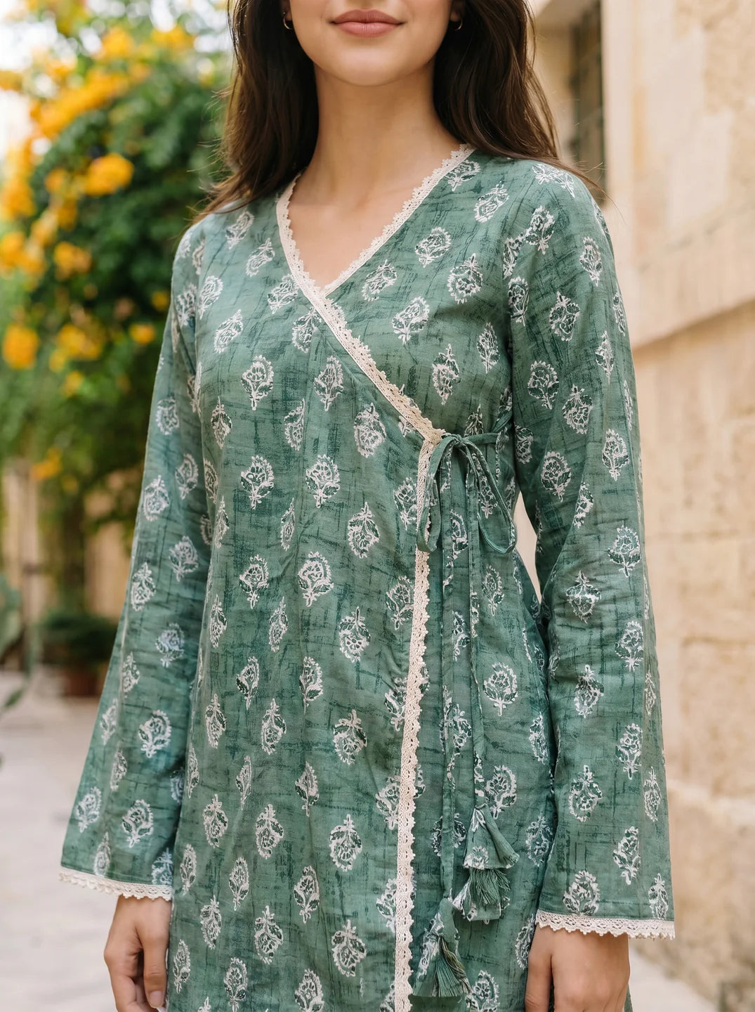Bottle Green Angrakha Cotton Short Kurti