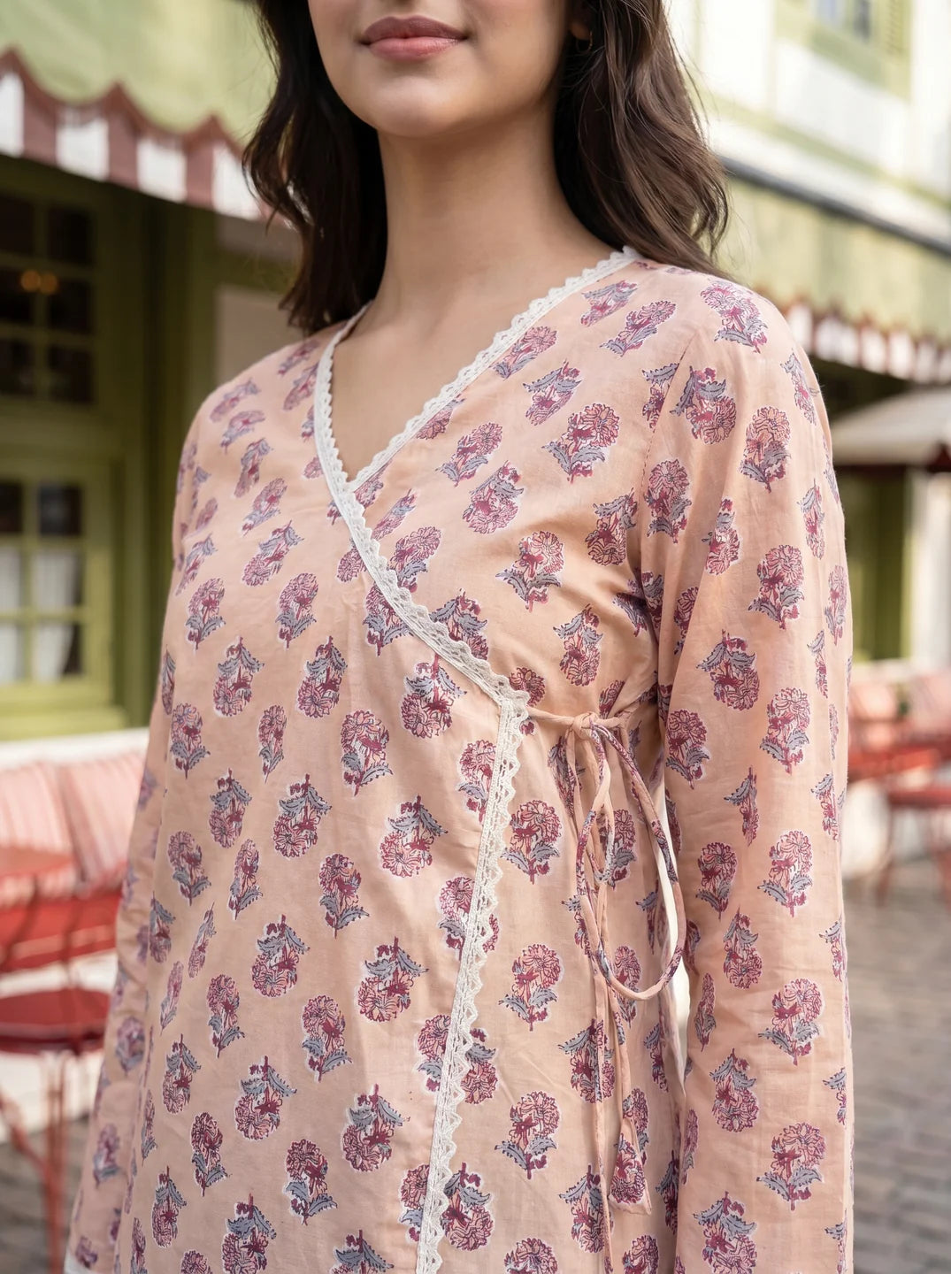 Muted Peach Angrakha Cotton Short Kurti