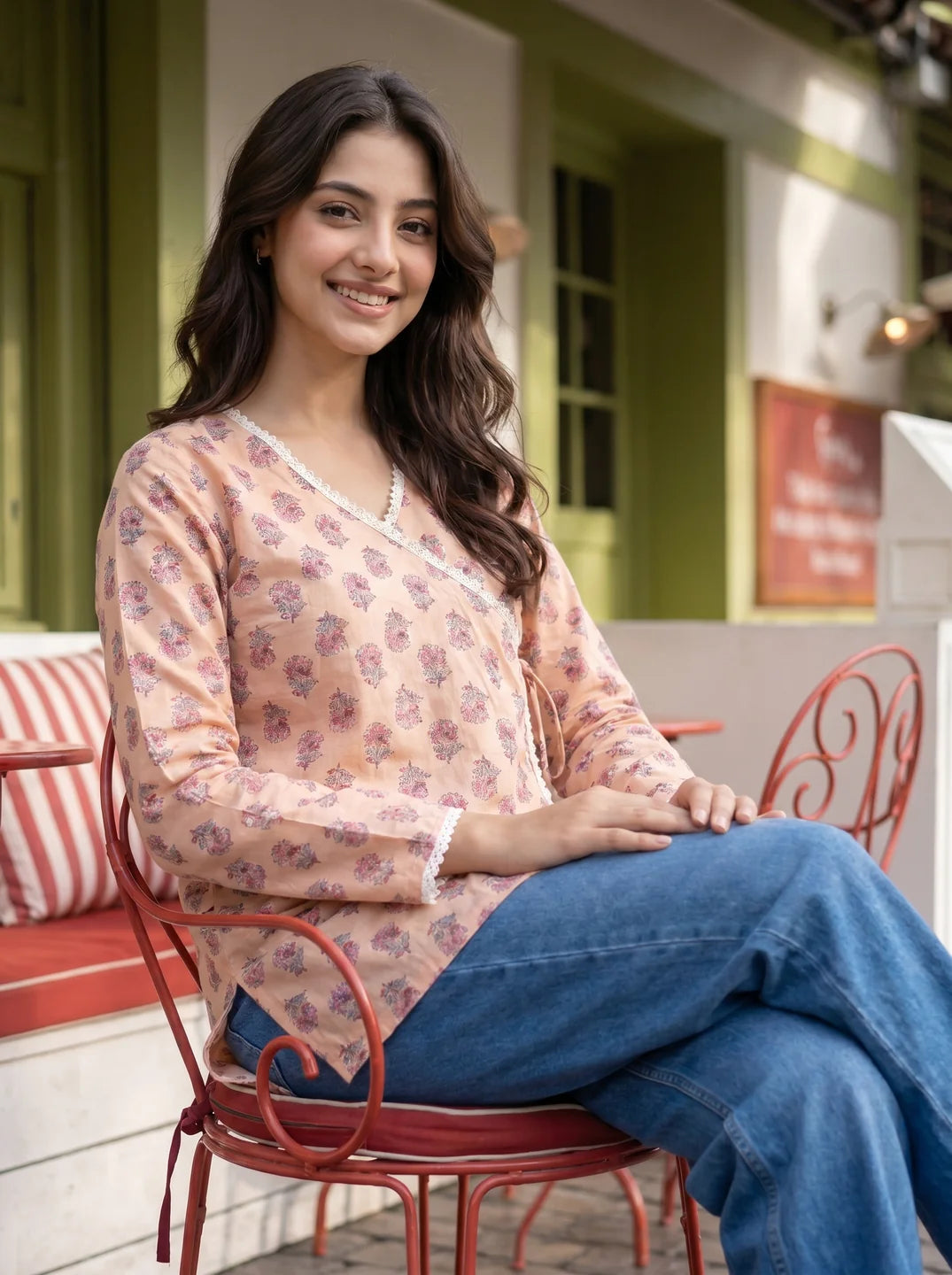 Muted Peach Angrakha Cotton Short Kurti