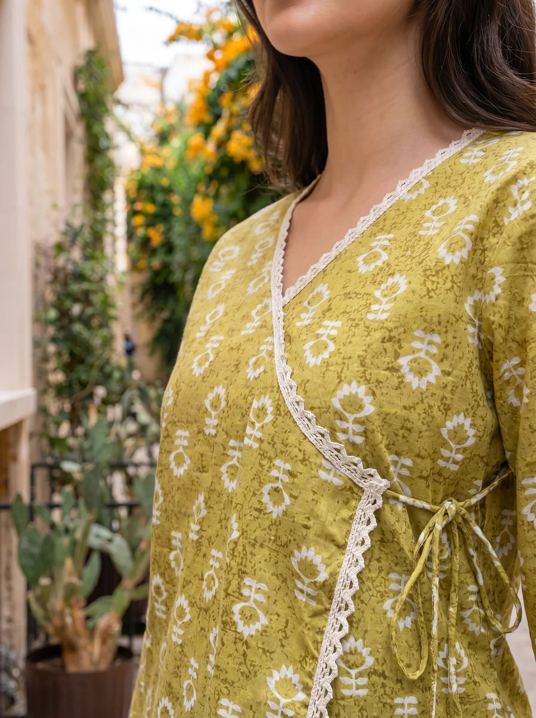 Mustard & White Angrakha Cotton Short Kurti
