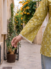 Mustard & White Angrakha Cotton Short Kurti