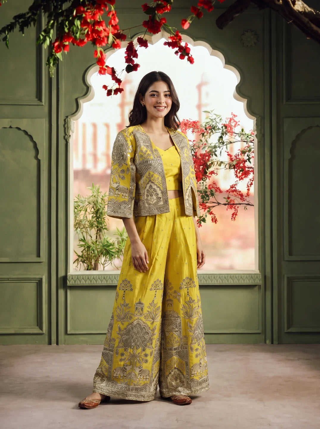 Yellow Embroidered Co-ord Set with Cape Jacket