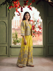Yellow Embroidered Co-ord Set with Cape Jacket