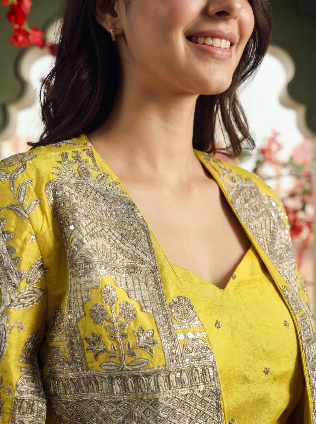 Yellow Embroidered Co-ord Set with Cape Jacket