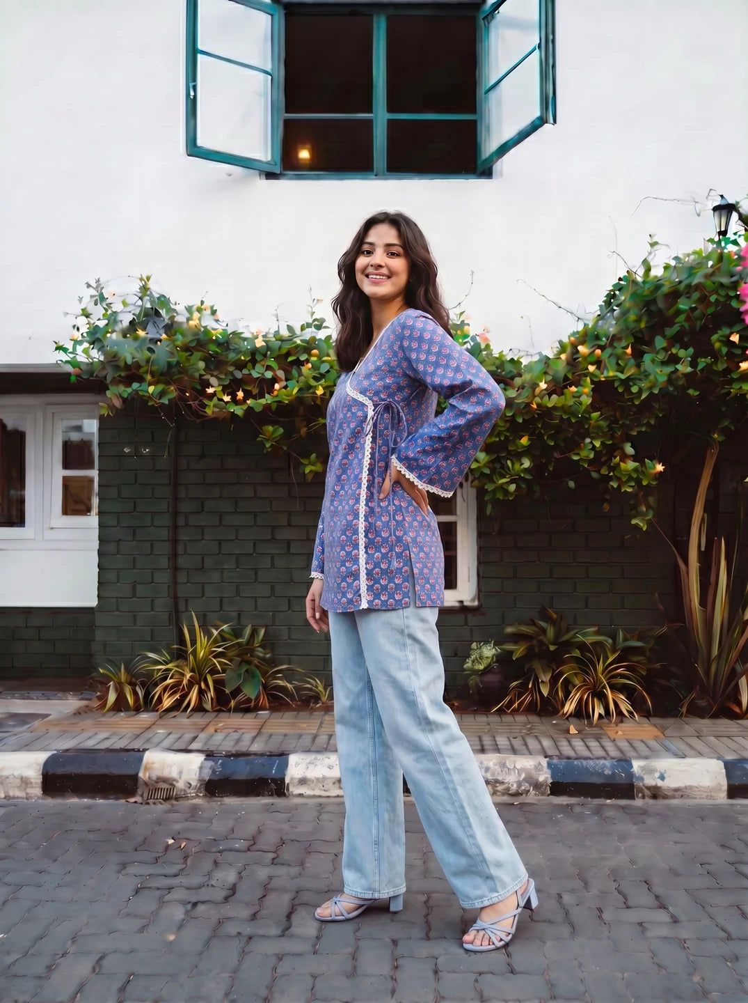 Indigo Angrakha Cotton Short Kurti
