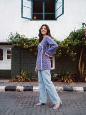 Indigo Angrakha Cotton Short Kurti