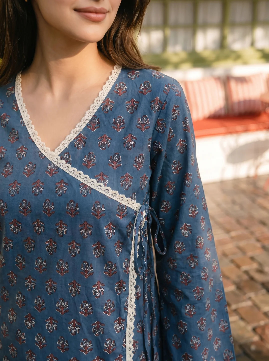 Steel Blue Angrakha Cotton Short Kurti