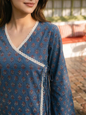 Steel Blue Angrakha Cotton Short Kurti