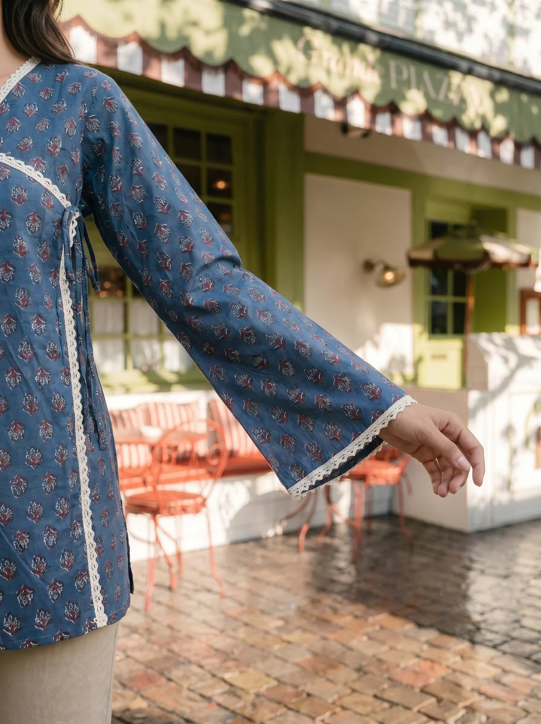 Steel Blue Angrakha Cotton Short Kurti