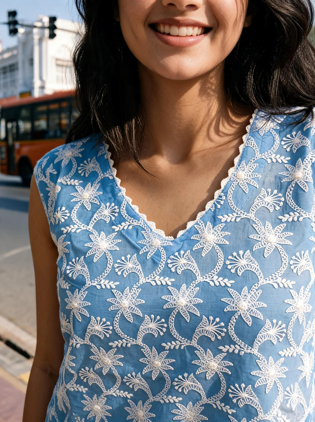 Sky Blue Chikankari Embroidered Cotton Short Kurti