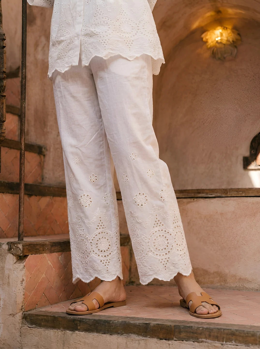 White Schiffli Embroidered Co-ord Set in Cotton