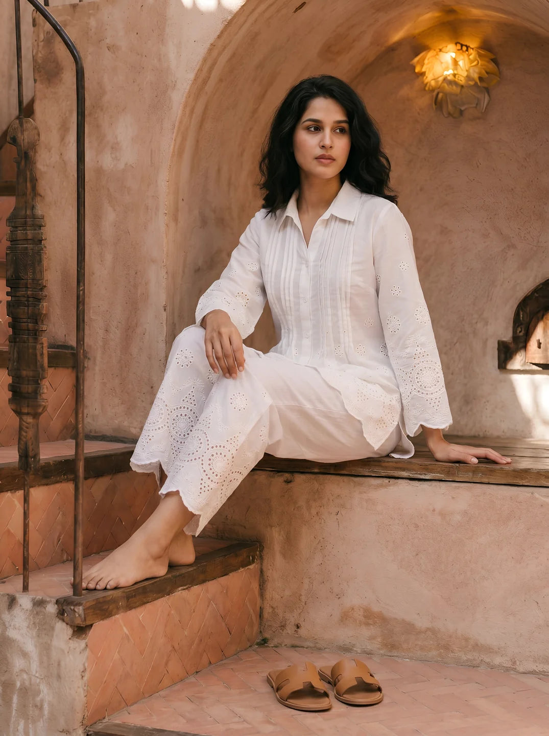 Women’s white co ord set with stylish matching outfit and breathable lightweight fabric for summer wear