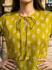 Mustard Yellow Geometric Floral Buti Short Kurti in Cotton