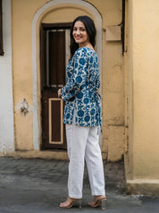 White & Blue Dabu Print Short Kurti in Cotton