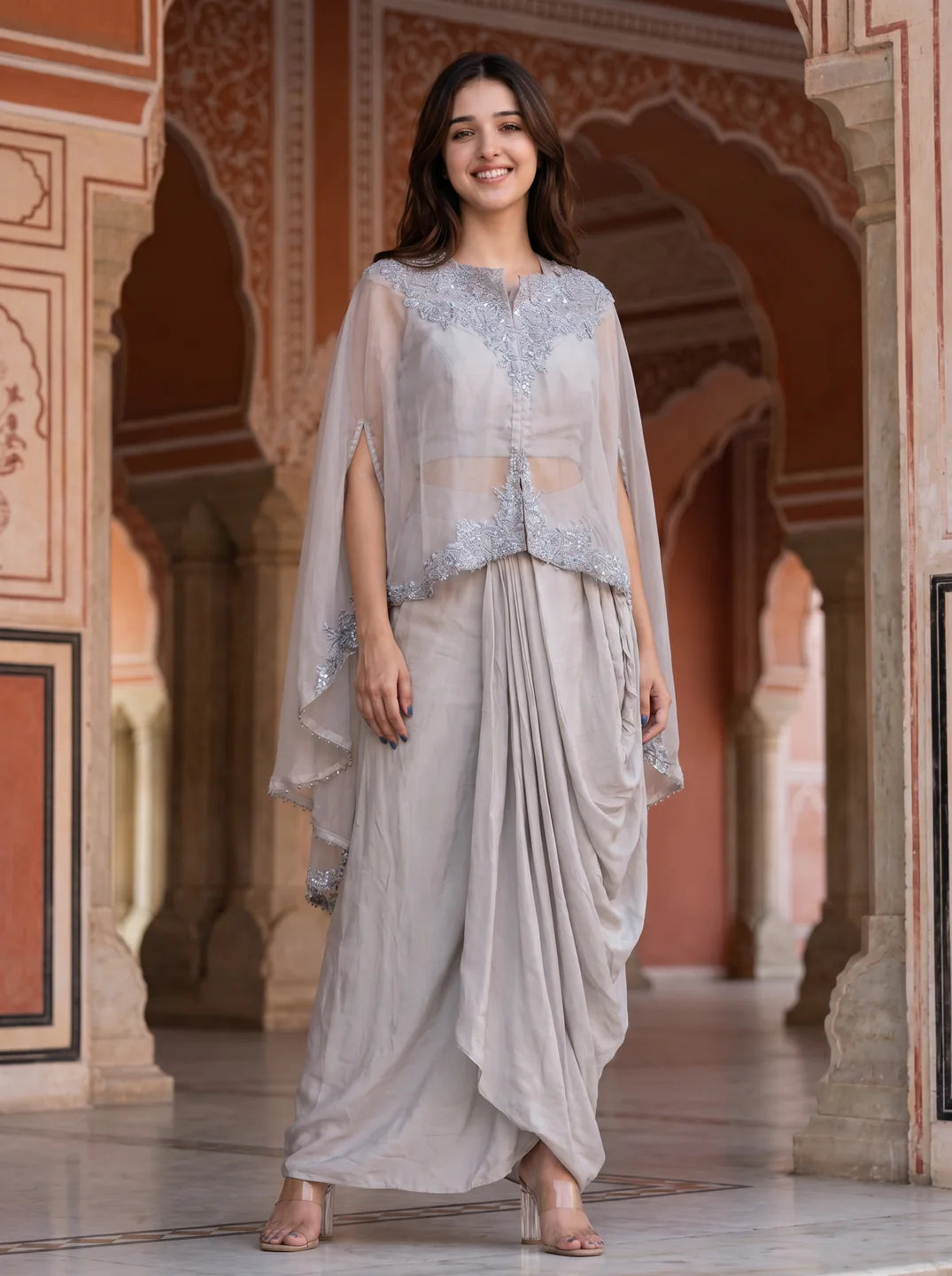 Grey 3 Pc Fusion Cape & Dhoti Skirt Set in Crepe