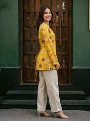 Sunflower Yellow Floral Print Short Kurti in Cotton