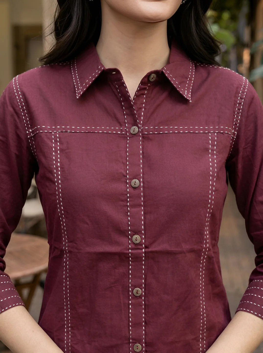 Wine Stitch Detail Co-ord Set in Cotton