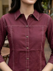 Wine Stitch Detail Co-ord Set in Cotton