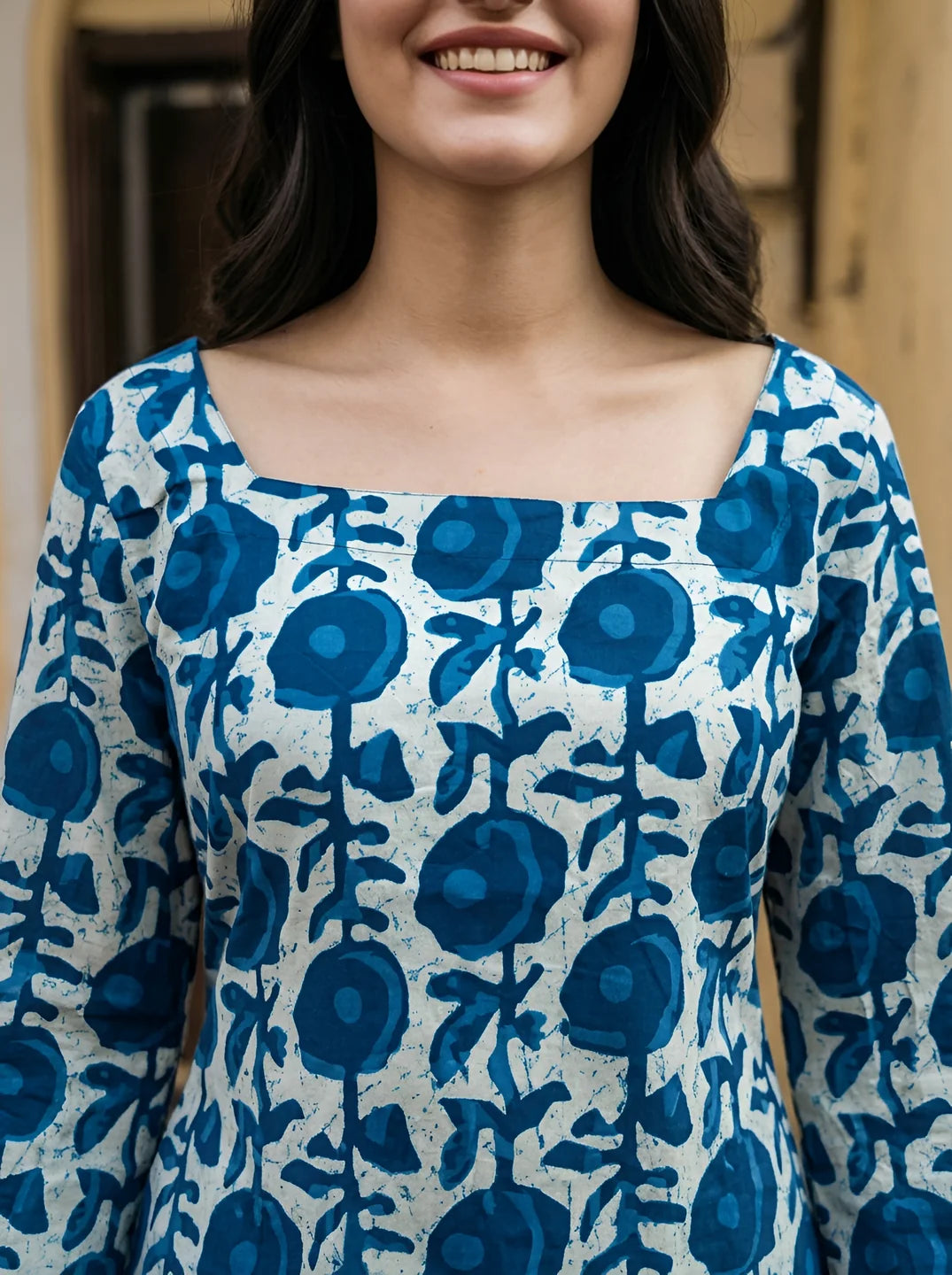 White & Blue Dabu Print Short Kurti in Cotton
